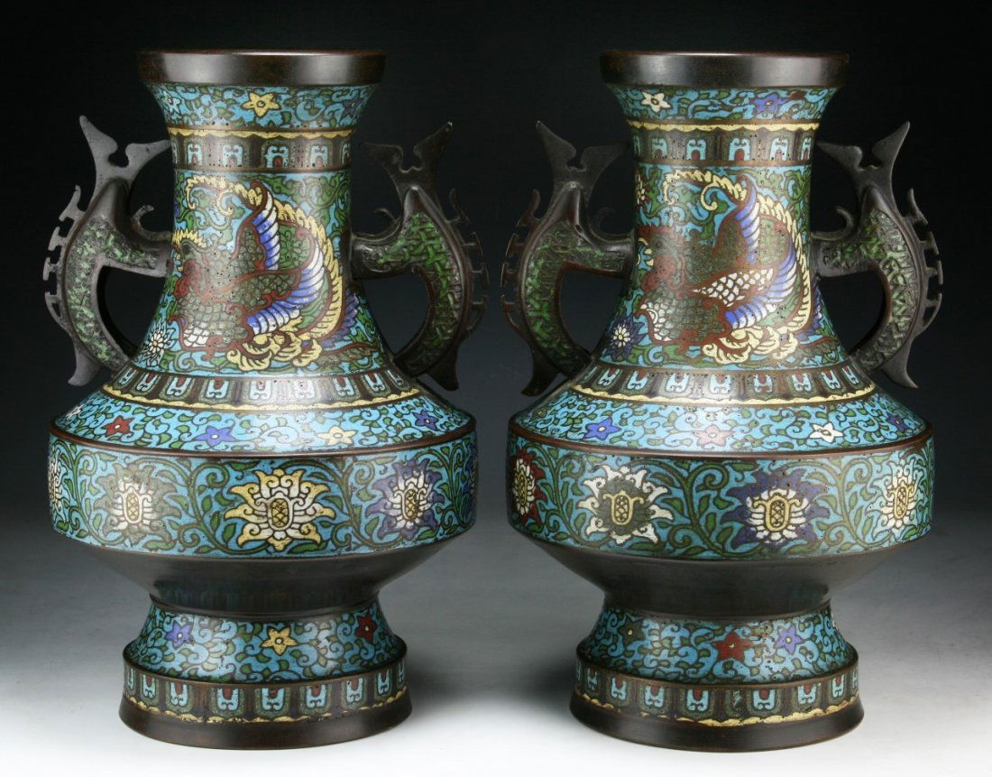 Pair Asian Cloisonne On Bronze Vases (1 of 4)