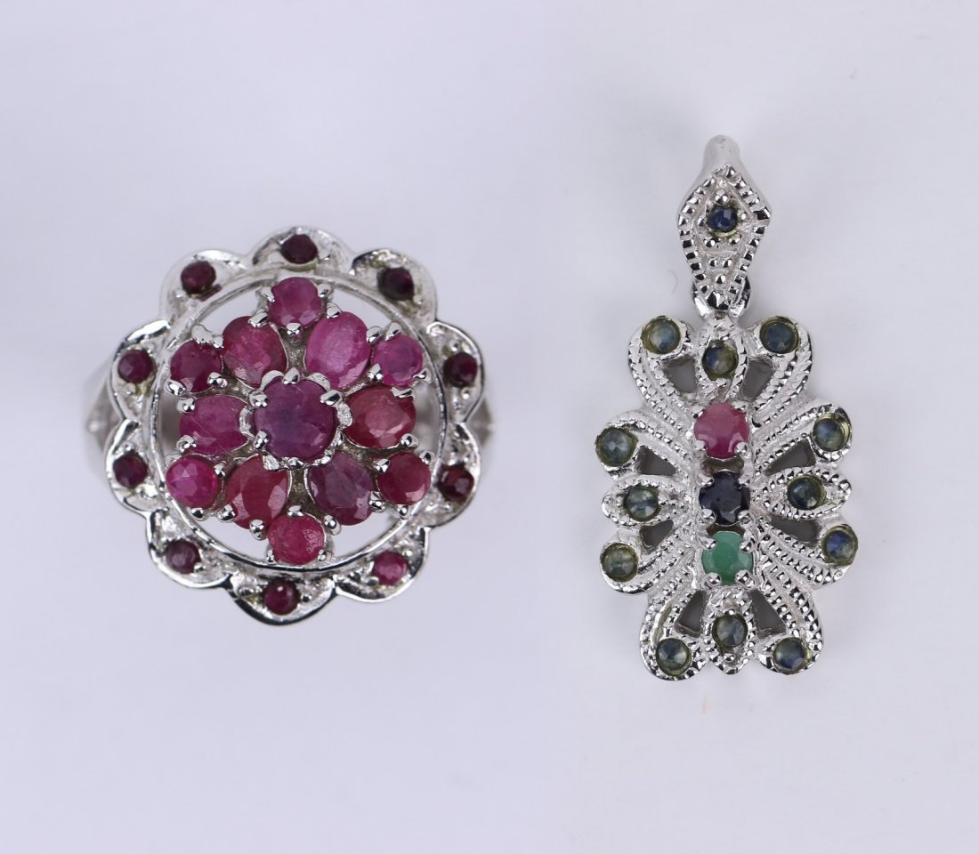 Two (2) Ruby, Emerald & Blue Sappire Ring&Pendant,14KWG (1 of 2)