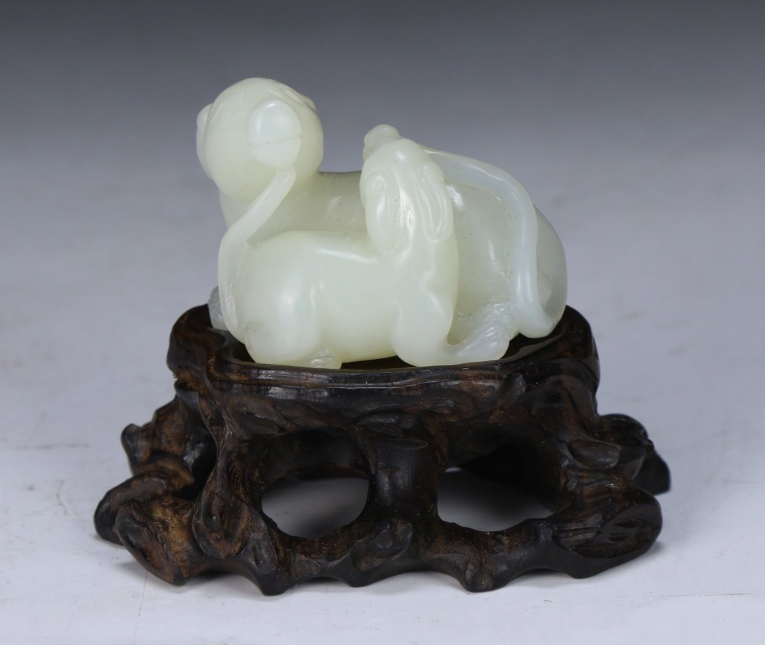 A Nephrite White Jade Carved Ram Group (1 of 2)
