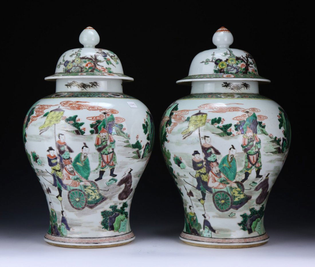 Pair Big Chinese Famille Verte Porcelain Lidded Vases (1 of 6)