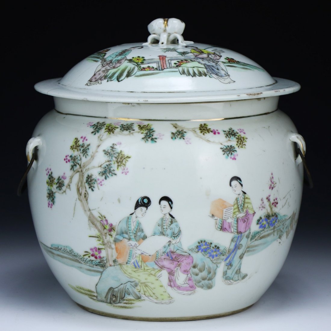 A Chinese Antique Famille Rose Lidded Jar: A Chinese Antique Famille Rose Lidded Jar: with inscription and seals on the body, signed on the base, Circa 1900; Size: H: 8"