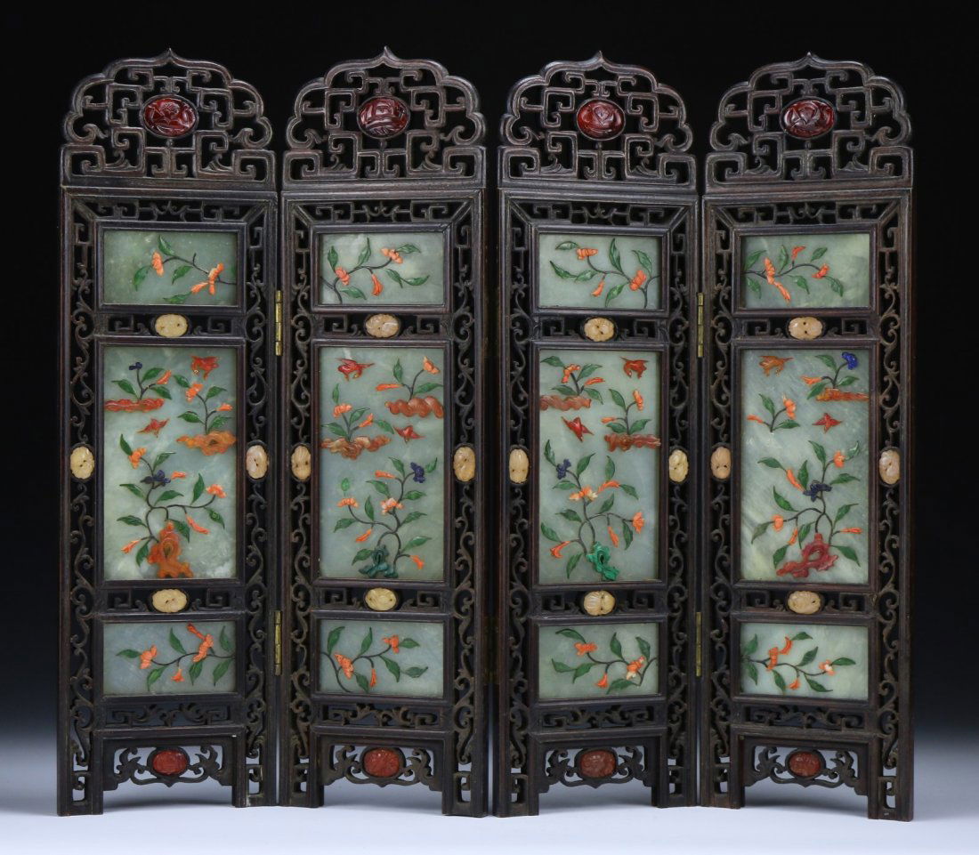 A Chinese Applique Serpentine Jade Table Screen (1 of 3)