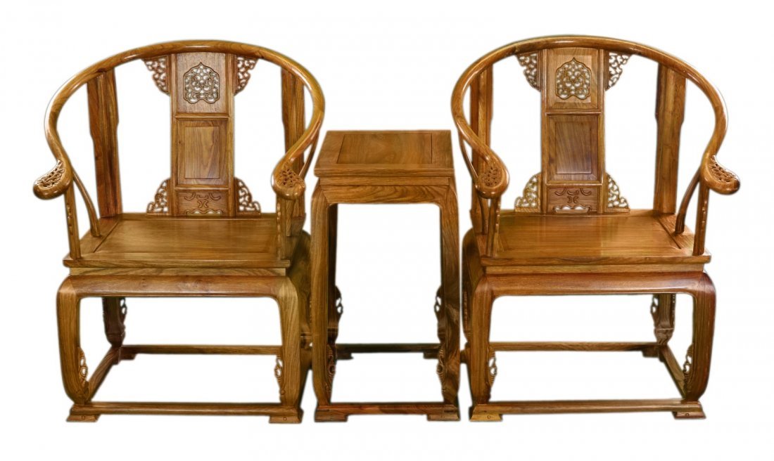 Three (3) Chinese Hardwood Carved Chairs & Table Set (1 of 6)