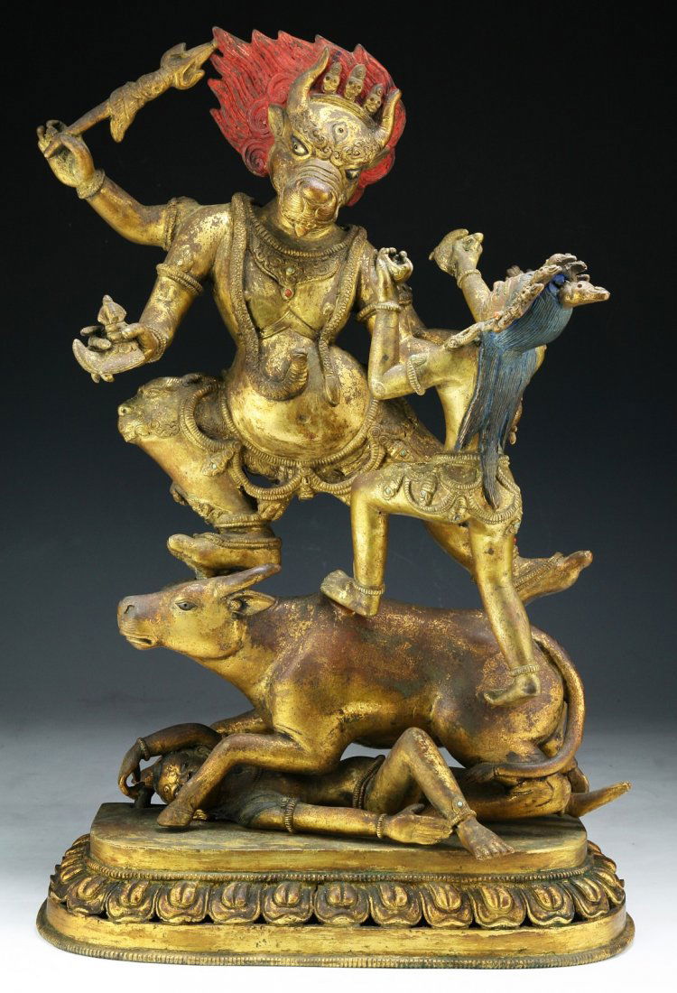 A Rare Tibeto-Chinese Three-Section Gilt Bronze Group (1 of 10)