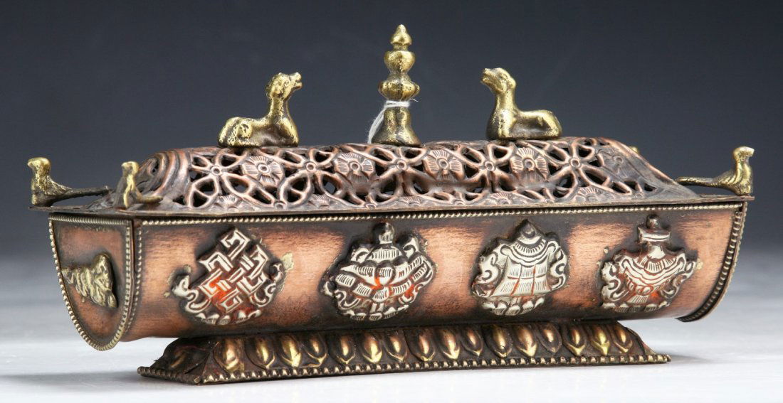 A Tibetan Antique Jeweled Bronze Temple: A Tibetan Antique Jeweled Bronze Temple; Size: L: 8-1/4"