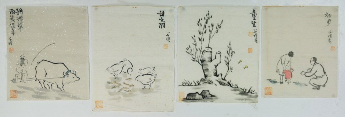 Four(4) Chinese Unmounted Paper Paintings By Feng Zikai (1 of 4)