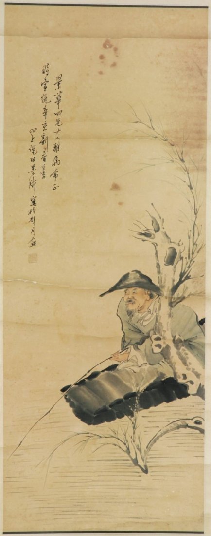 A Chinese Antique Paper Hanging Painting Scroll: A Chinese Antique Paper Hanging Painting Scroll: Sage on boat, ink and color on paper, sealed and inscribed by the artist; Size: H: 40"; W: 15-1/2" (overall) H: 68-1/2"; W: 20-3/4"