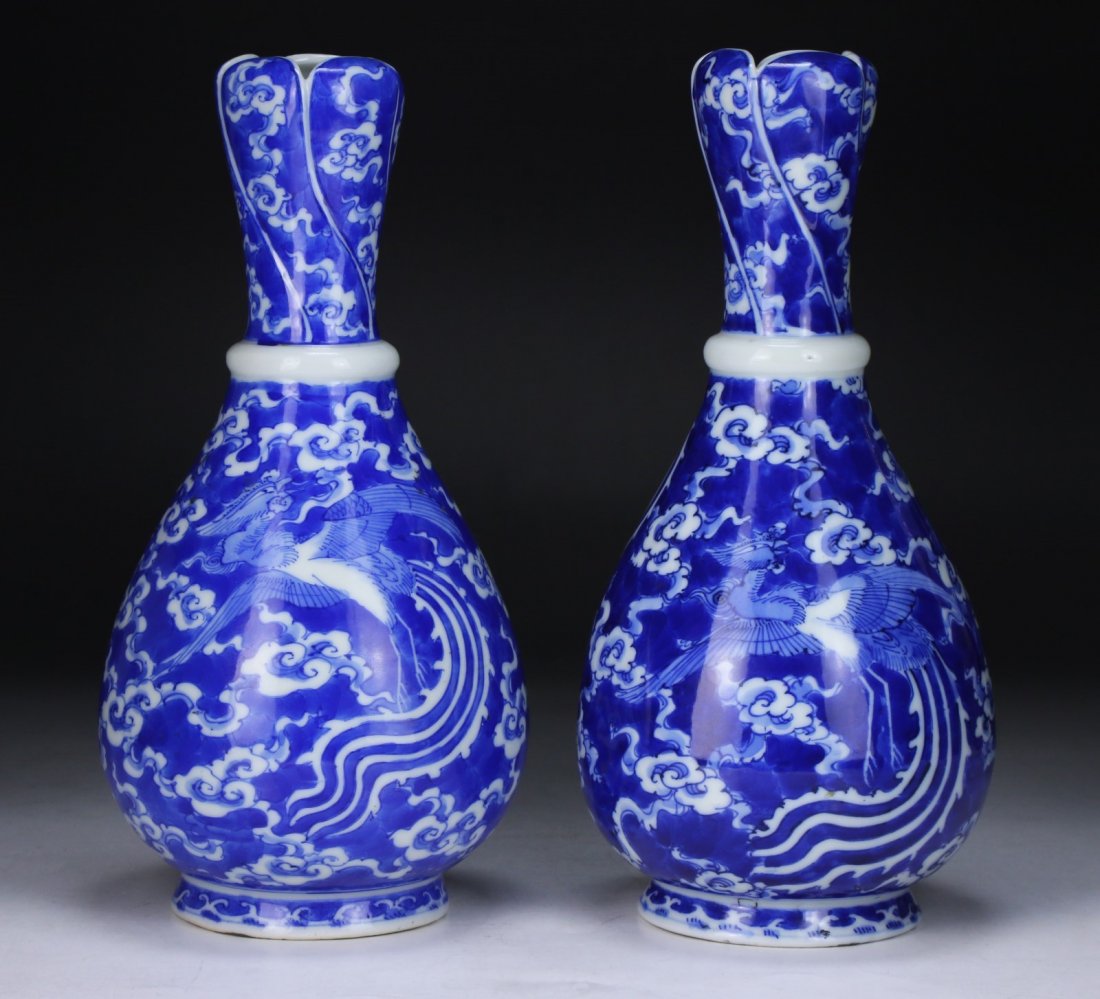 Pair Asian Antique Blue & White Porcelain Vases (1 of 6)