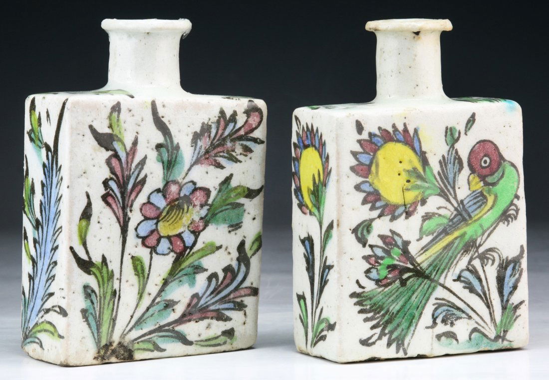 Pair of Persian Antique Porcelain Square Vases: Pair of Persian Antique Porcelain Square Vases; Size: H: 6-1/4" (each)