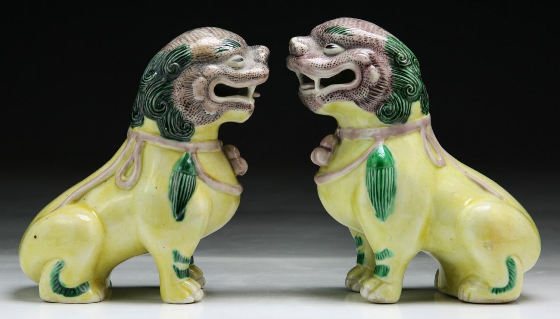 Pair Chinese Antique Famille Jaune Porcelain Lions: Pair Chinese Antique Famille Jaune Porcelain Lions; Size: H: 4-3/4" (each)