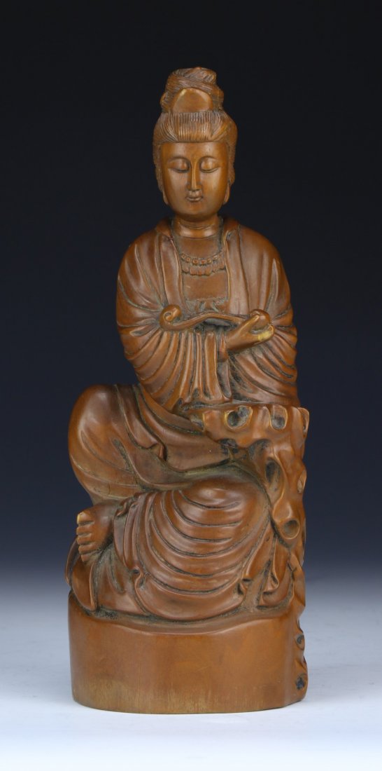 A Chinese Antique Wood Carved Guanyin: A Chinese Antique Wood Carved Guanyin; Size: H: 8"