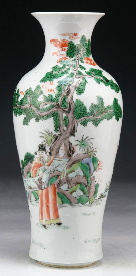 A Chinese Antique Famille Verte Porcelain Vase: A Chinese Antique Famille Verte Porcelain Vase: of ovoid form rising to a wide flared rim with the scene of scholars studying a painting scroll, a double blue circle sign on the base, of Qing Dynasty