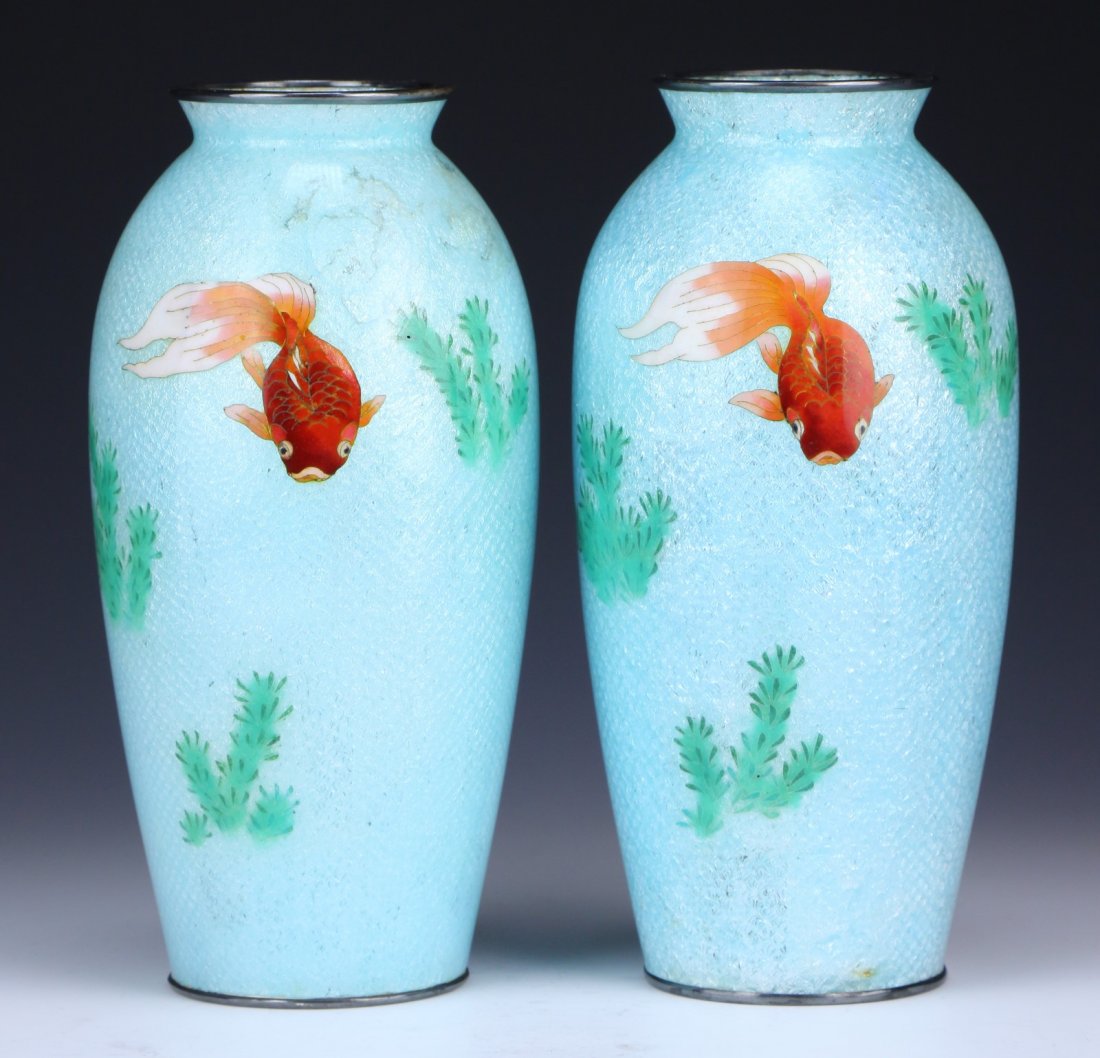 Pair Japanese Antique Ginbari Cloisonne Vases: Pair Japanese Antique Ginbari Cloisonne Vases: the exterior with orange fish on a light blue ground, of 19th Century; Size: H: 7-1/2" (each)