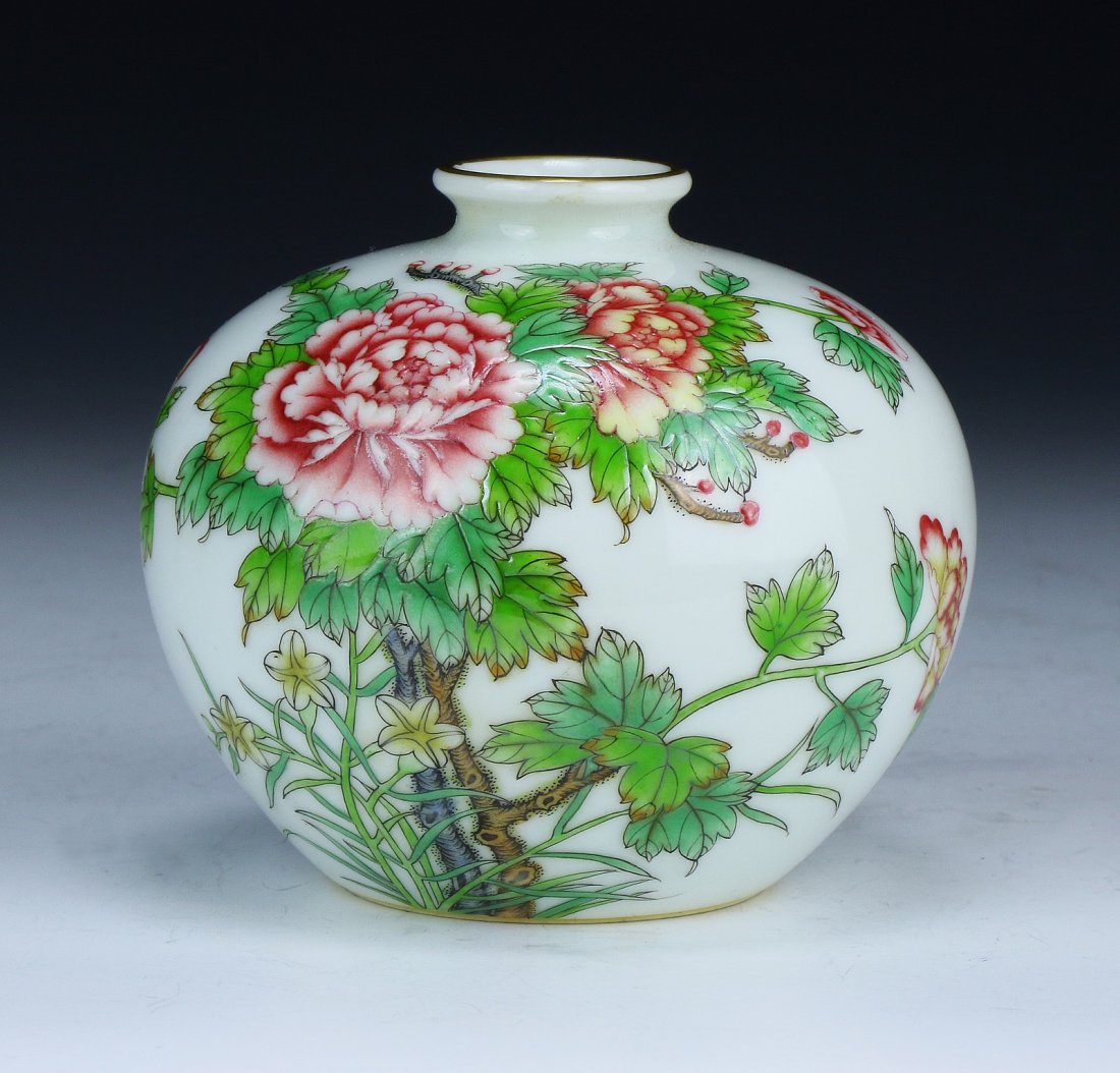 A Chinese Antique Famille Rose Porcelain Water Dropper: A Chinese Antique Famille Rose Porcelain Water Dropper: the exterior finely painted with blooming branches and an inscription, signed YONGZHENG mark on the base; Size: D: 4"