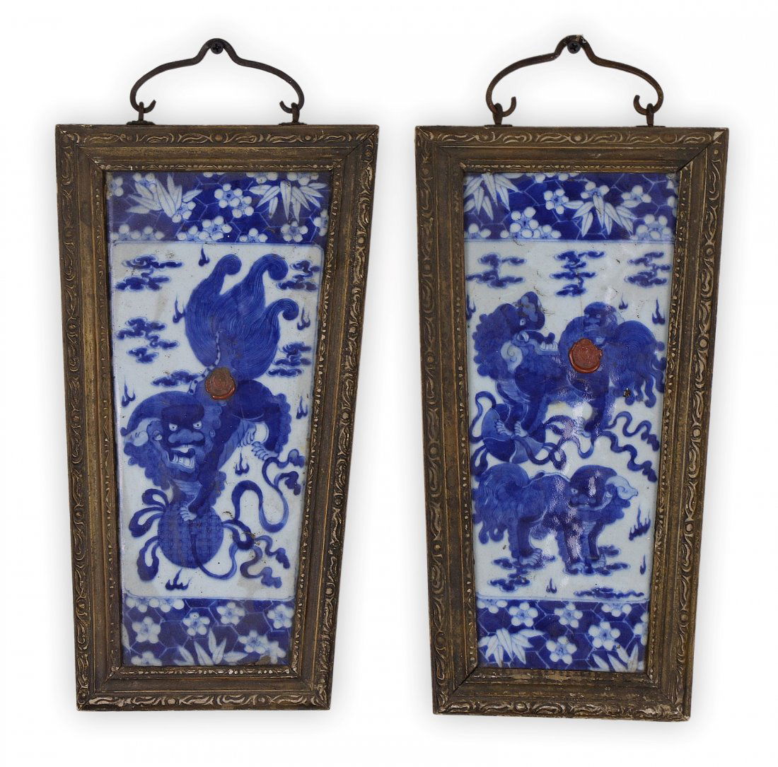 Pair Chinese Antique Framed Blue & White Porcelain (1 of 3)