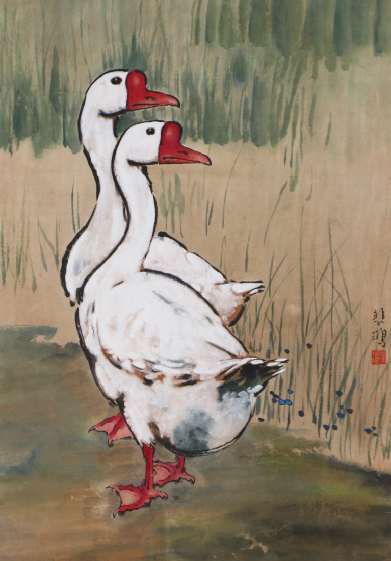 A Chinese Paper Hanging Painting Scroll By Xu, Beihong: 徐悲鴻 雙鵝立軸 A Chinese Paper Hanging Painting Scroll By Xu, Beihong: ducks, ink and color on paper, sealed and inscribed by the artist; Size: H: 34"; W: 23