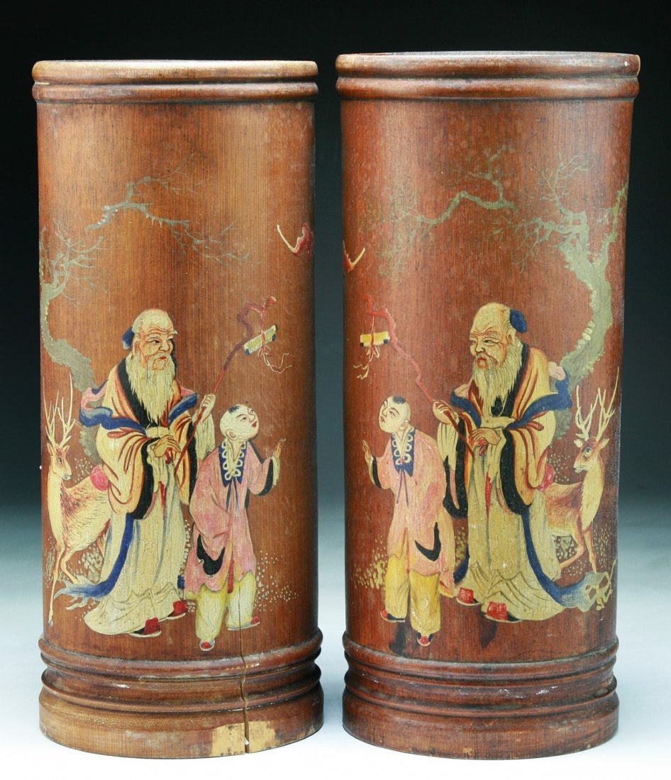Pair Chinese Antique Polychrome Bamboo Brush Pots: Pair Chinese Antique Polychrome Bamboo Brush Pots: of Minguo Period; Size: H: 12" (each)