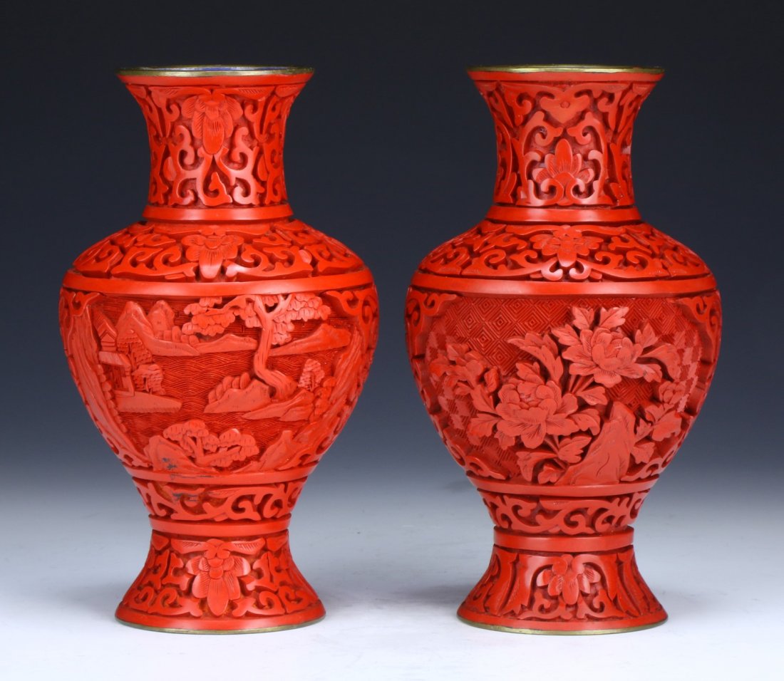 Pair Chinese Red Cinnabar Lacquer Vases (1 of 4)