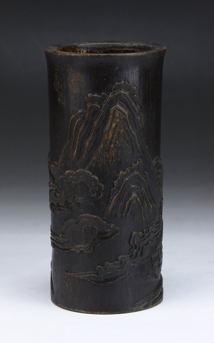 A Chinese Antique Bamboo Carved Brush Pot: A Chinese Antique Bamboo Carved Brush Pot; Size: H: 7-1/2"