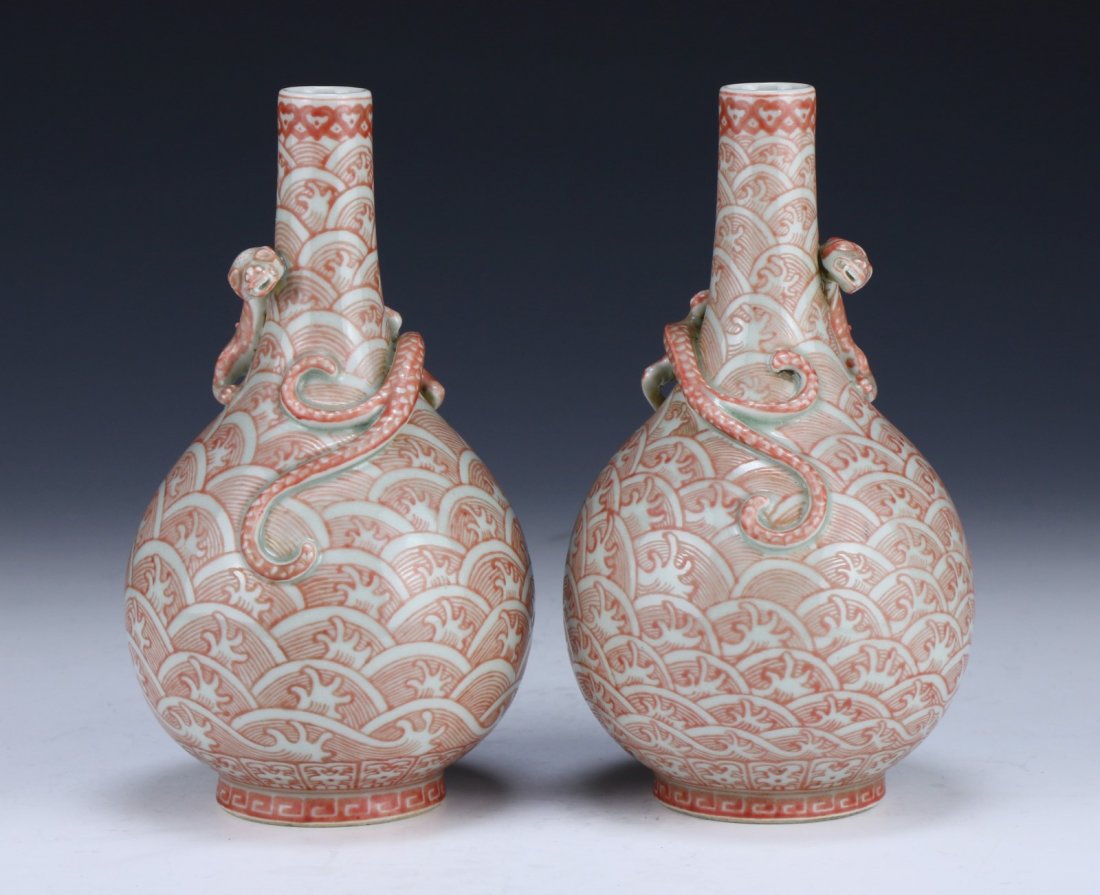 Pair Chinese Antique Iron Red Chi Dragon Porcelain (1 of 5)