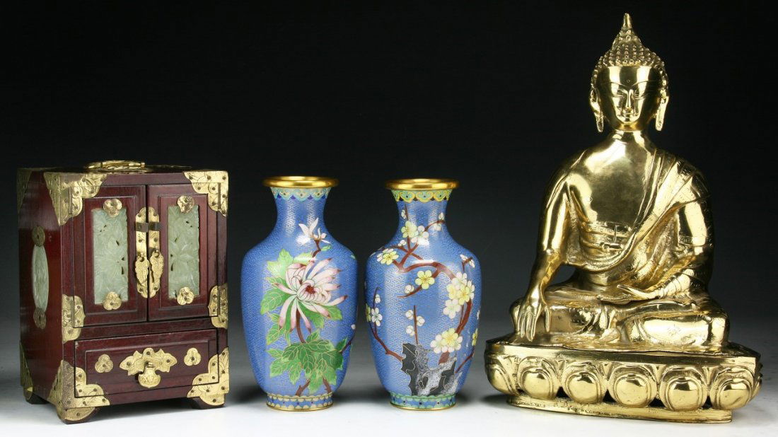 Four (4) Chinese Bronze Buddha, Cloisonne Vases & Wood (1 of 1)