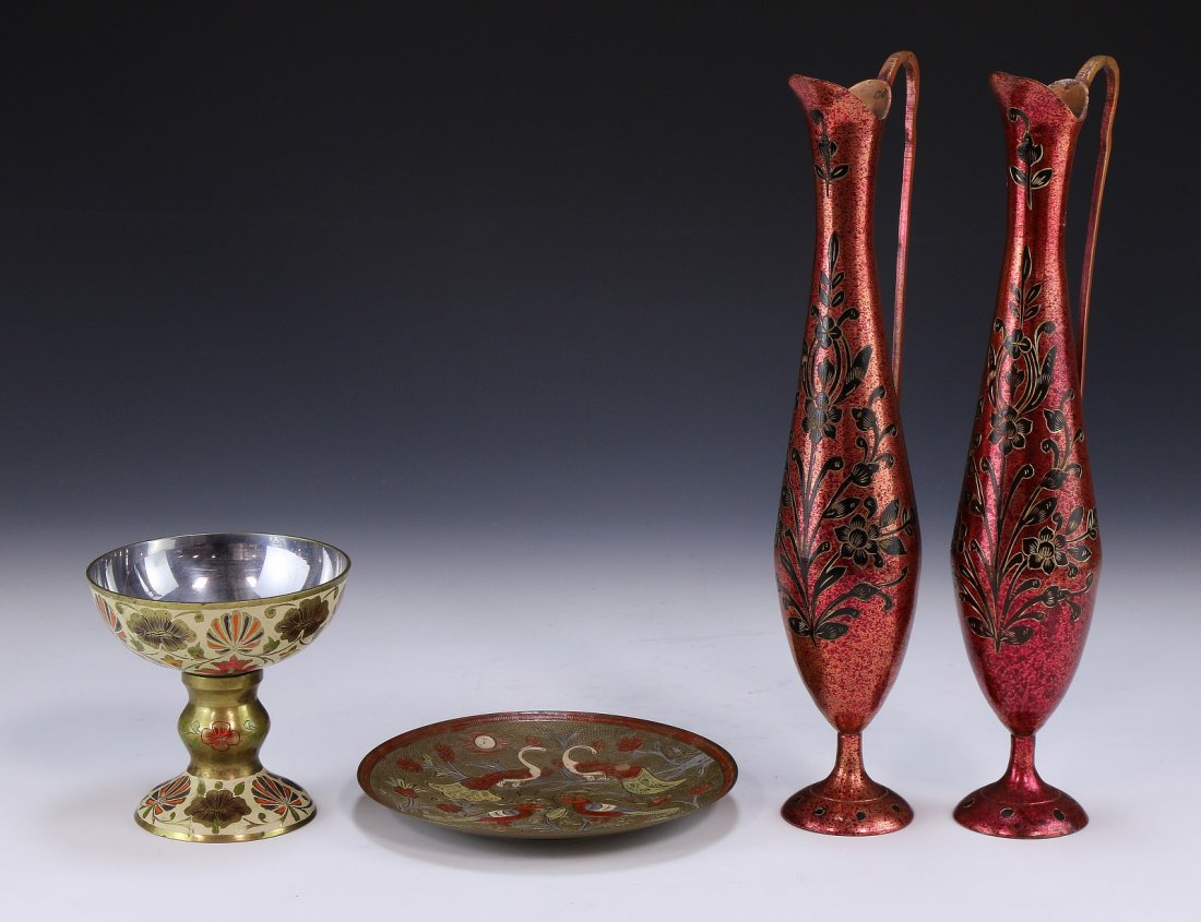 Three (3) Persian Antique Metal & Cloisonne Items: Three (3) Persian Antique Metal & Cloisonne Items: comprised of a pair of pitchers, plate, and goblet; Size: H: 6-3/4 (biggest)