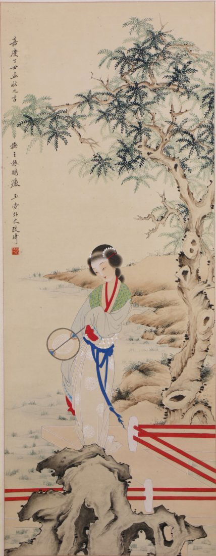A Chinese Paper Hanging Painting Scroll By Gai, Qi: A Chinese Paper Hanging Painting Scroll By Gai Qi: beauty, ink and color on paper, sealed and inscribed by the artist; Size: H: 39-1/2"; W: 15-1/4" (overall) H: 77"; W: 21-1/2"