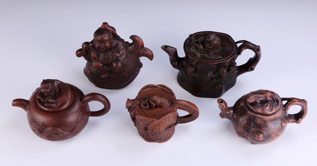 Five (5) Chinese Antique Zisha Teapots (1 of 4)
