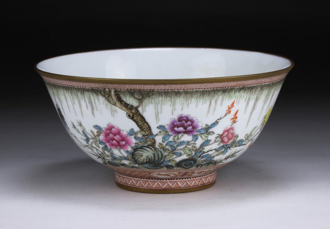 A Chinese Antique Famille Rose Porcelain Bowl: A Chinese Antique Famille Rose Porcelain Bowl: SHENDETANG ZHI FOUR-CHARACTER MARKS IN IRON-RED, DAOGUANG PERIOD (1821-1850), the exterior finely painted with blossoming branches on one side and an ins