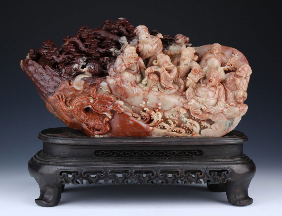 A Chinese Soapstone Eight Immortals Carved Boulder (1 of 5)