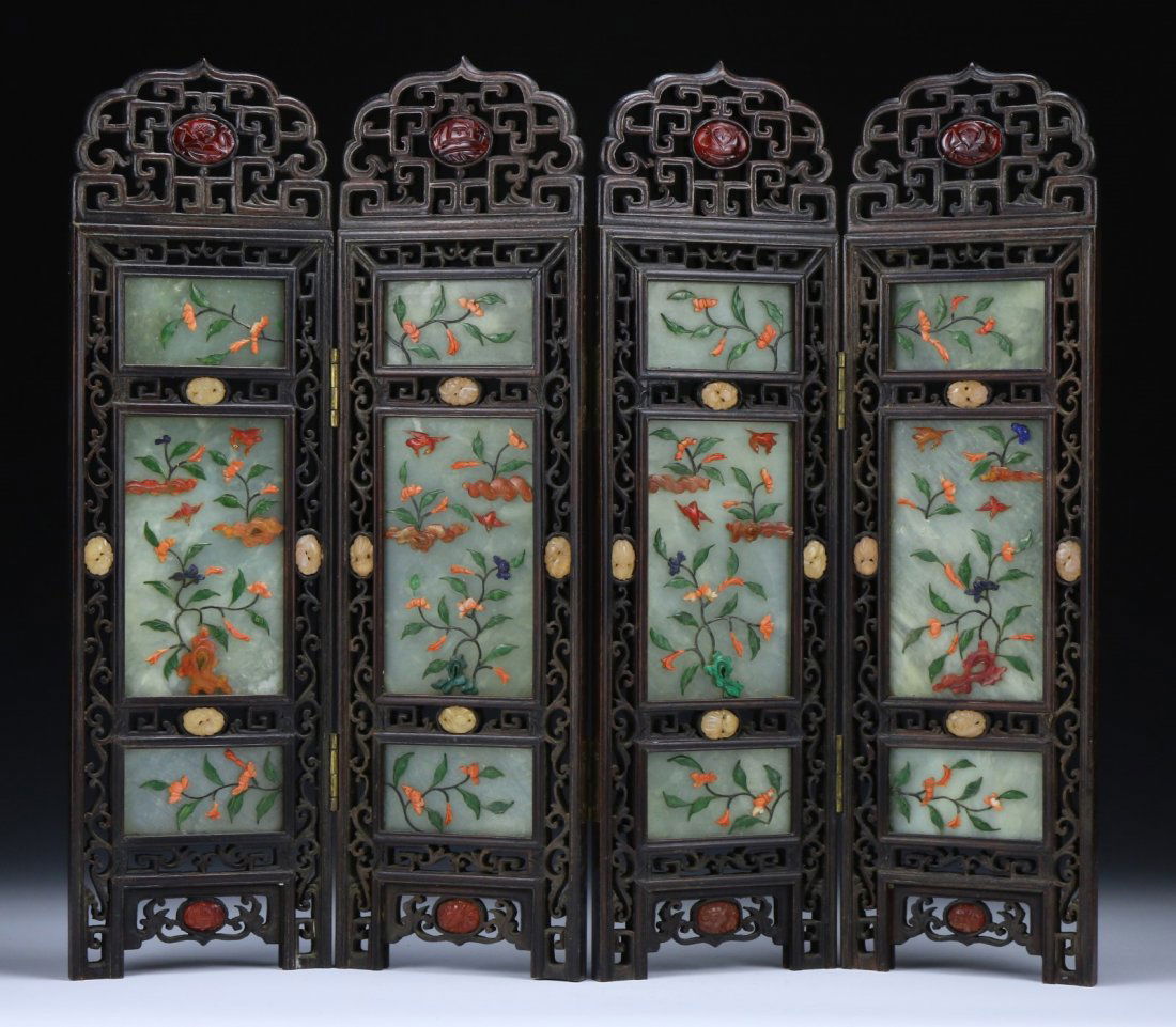 A Chinese Applique Serpentine Jade Table Screen (1 of 3)