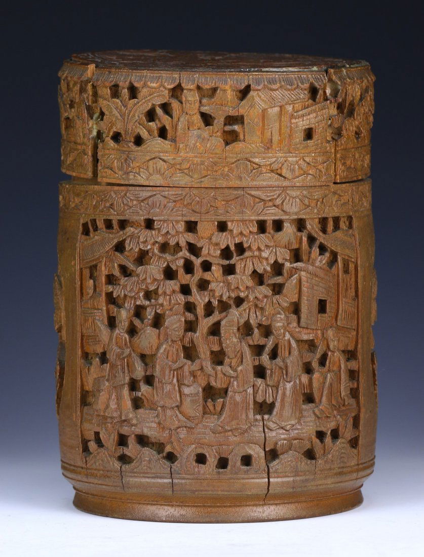 A Chinese Antique Bamboo Carved Lidded Brush Pot (1 of 6)