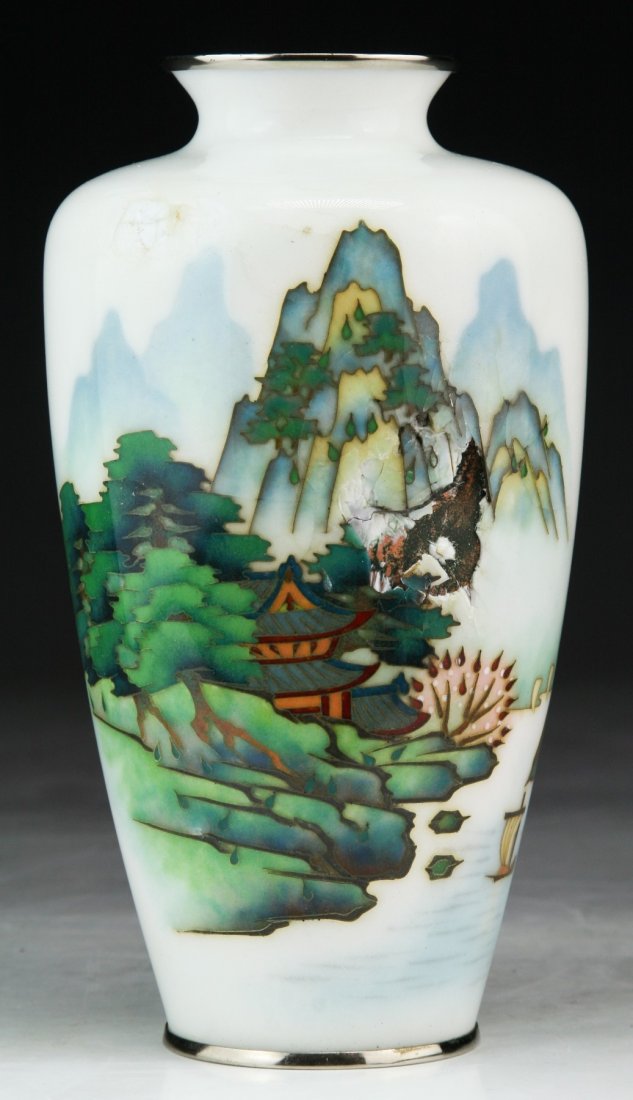 A Japanese Antique Enamel Cloisonne On Silver Vase: A Japanese Antique Enamel Cloisonne On Silver Vase: of 19th Century; Size: H: 7-1/4"