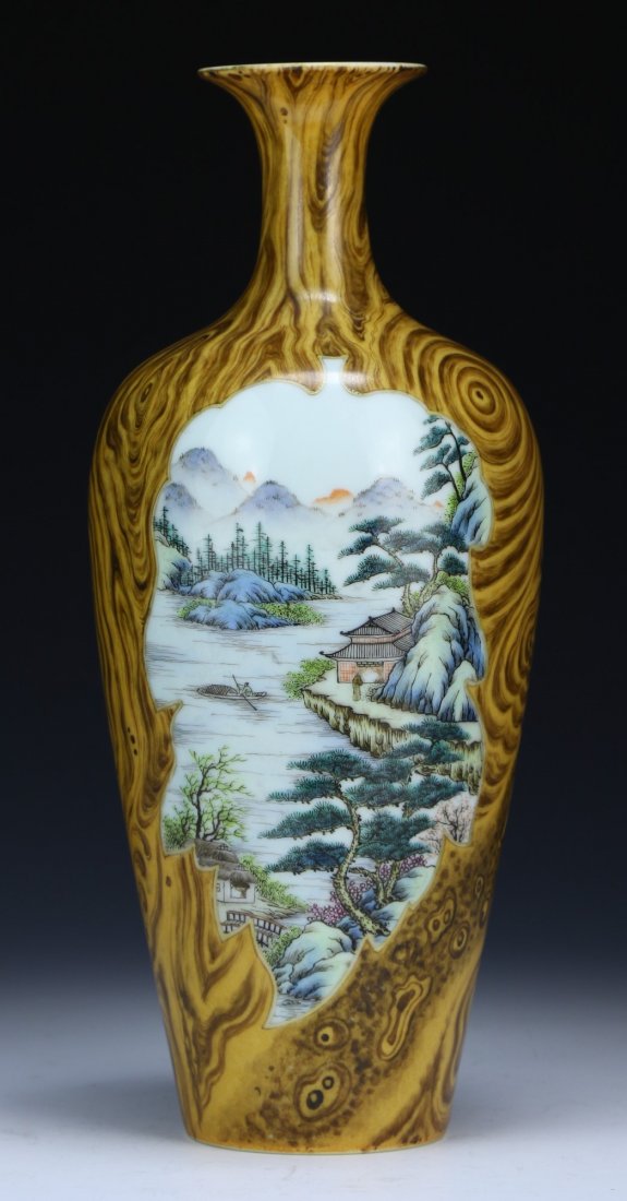 A Chinese Antique Famille Verte Wood-Style Glazed Vase: A Chinese Antique Famille Verte Wood-Style Glazed Vase: with elegant highly shouldered body with slender neck to a flared rim, signed YONGZHENG mark within a double circle in blue on the base but of L
