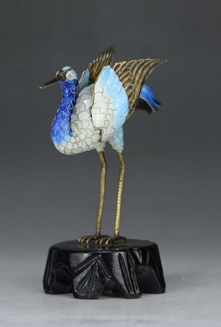 A Chinese Antique Cloisonne Brass Crane: A Chinese Antique Cloisonne Brass Crane; Size: H: 4-1/2"