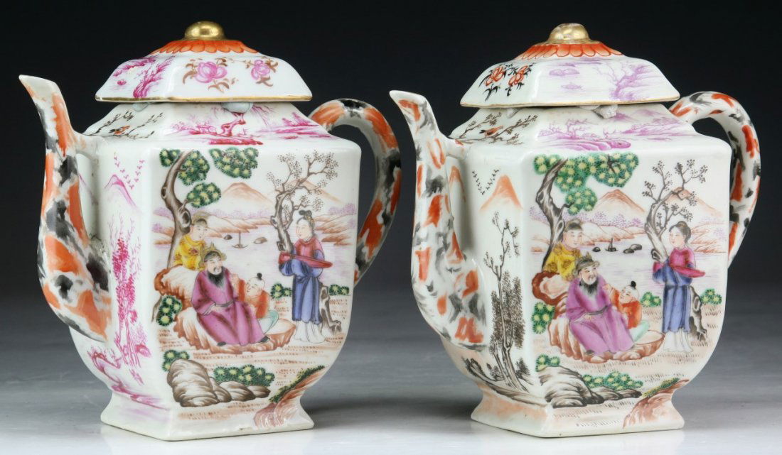 Pair Chinese Famille Rose Porcelain Teapots W Covers (1 of 4)