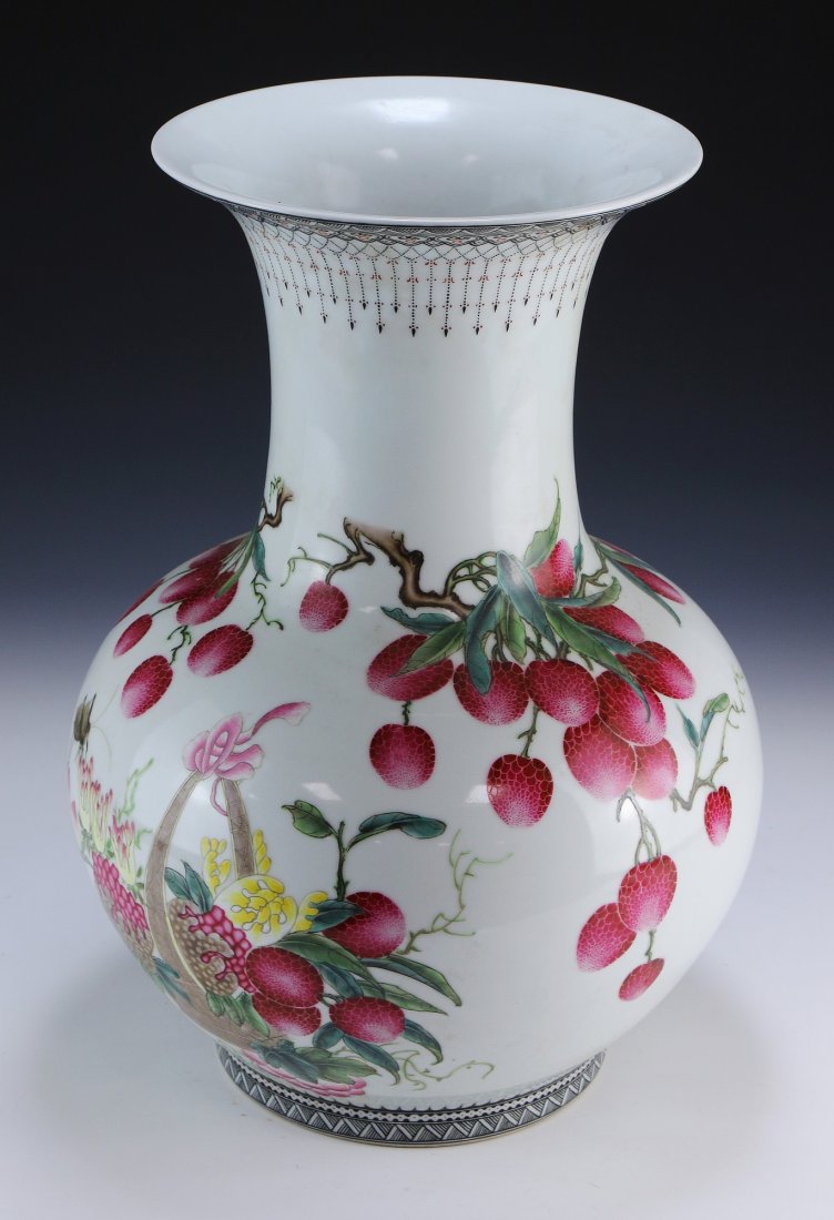A Chinese Antique Famille Rose Porcelain Vase: A Chinese Antique Famille Rose Porcelain Vase: Of Globular Form Rising To A Flared Rim, The Body Finely Painted On One Side With A Basket Of Various Fruits Under A Blooming Peach Branches, The Other S