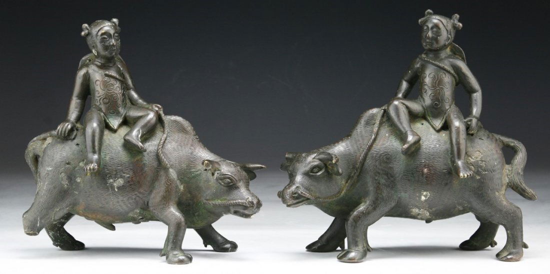 Pair Chinese Antique Bronze Figure Groups (1 of 2)
