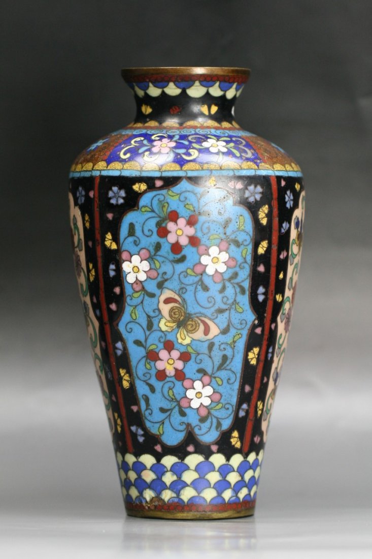 A Japanese Antique Silver Ando Cloisonne Vase: A Japanese Antique Silver Ando Cloisonne Vase: Reserved On A Royal Blue Ground, Of 19Th Century; Size: H: 7-1/2"