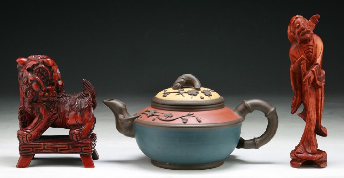 Three (3) Chinese Wood Items & Zisha Teapot (1 of 3)