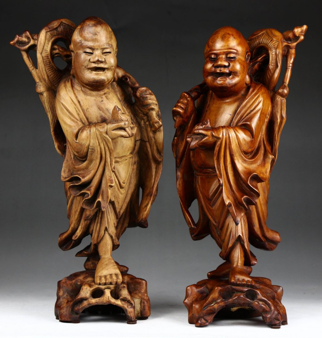 Pair Chinese Vintage Box Wood Carved Luohans (1 of 5)