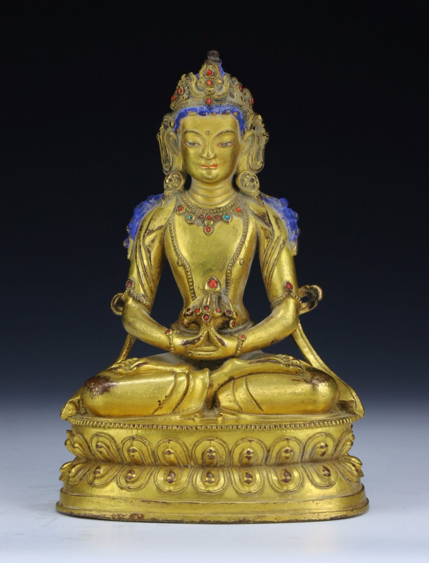 A Chinese Antique Gilt Bronze Amitayus: 十 八 /十 九 世 紀 銅 鎏 金 嵌 寶 無 量 壽 佛 A Chinese Antique Gilt Bronze Amitayus: Tibeto-Chinese, 18Th/19T