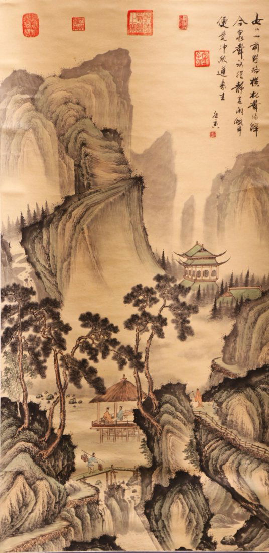 A Chinese Paper Painting Hanging Scroll: A Chinese Antique Paper Painting Scroll By TANG YIN: Landscape, ink And Color On Paper, Sealed And inscribed By The Artist; Size: H: 52", W: 26" (132.08cm x 66.04cm)