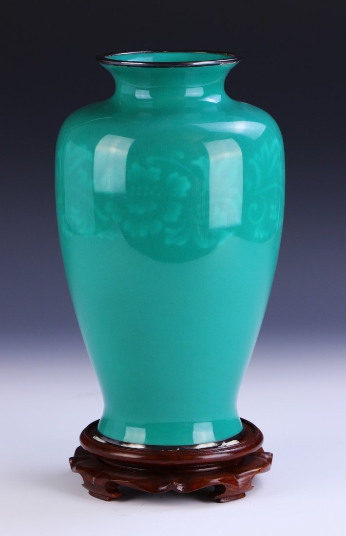 A Japanese Antique Silver Ando Cloisonne Vase: A Japanese Antique Silver Ando Cloisonne Vase: With Silver Mounted On The Rim, 19Th Century, Presented On A Wood Stand; Size: H: 10"; (Overall) H: 11-1/2"