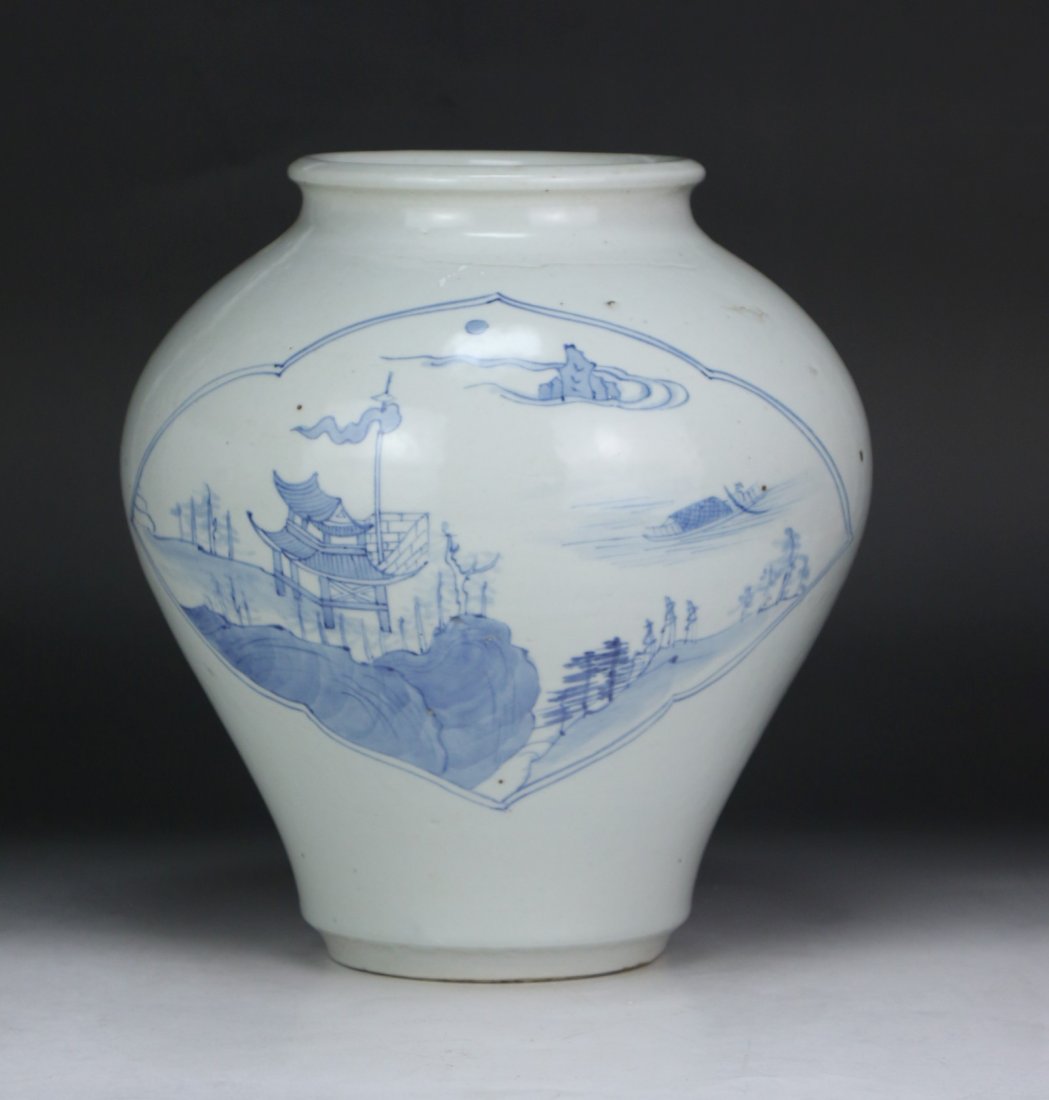 A Korean Antique Blue & White Porcelain Vase: A Korean Antique Blue & White Porcelain Vase: Of Shouldered Form, Finely Painted Along The Body With A Singular House And A Landscape, Reaching To A Small Neck And Outwardly Flared Rim; Size: H: 9-3/4