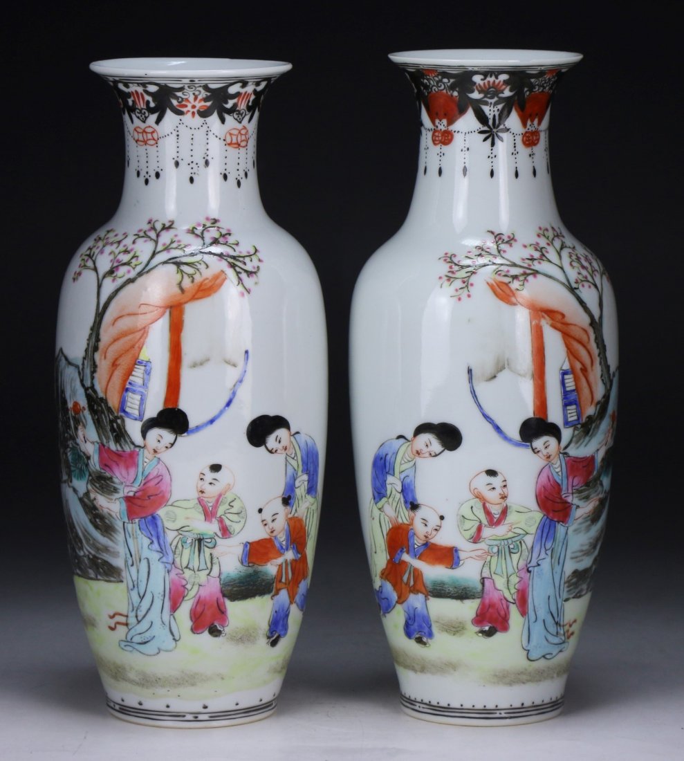 Pair Chinese Antique Famille Rose Porcelain Vases: Pair Chinese Antique Famille Rose Porcelain Vases: Of Ovoid Form Rising To A Flared Rim, Each Finely Painted With Beauties in A Courtyard Watching Over Children, The Base With A Four Character Mark in