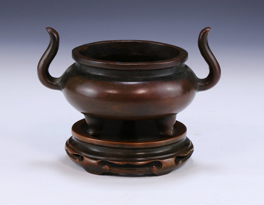 A Chinese Antique Brass Tripod Censer And Stand (1 of 4)