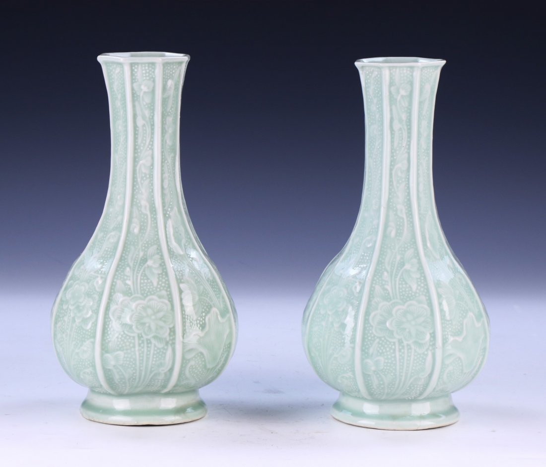 Pair Chinese Antique Celadon Glazed Porcelain Vases (1 of 6)