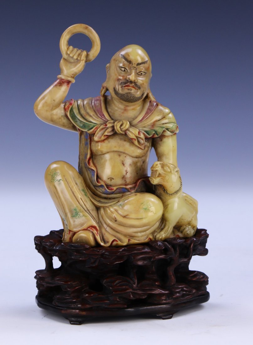 A Chinese Antique Shoushan Soapstone Taming Tiger Lohan (1 of 4)