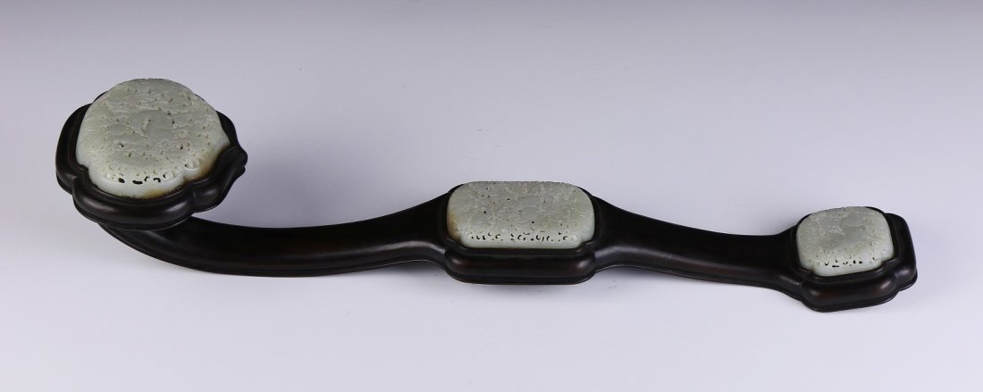 A Chinese Antique Jade-Inset Wood Ruyi Scepter (1 of 5)